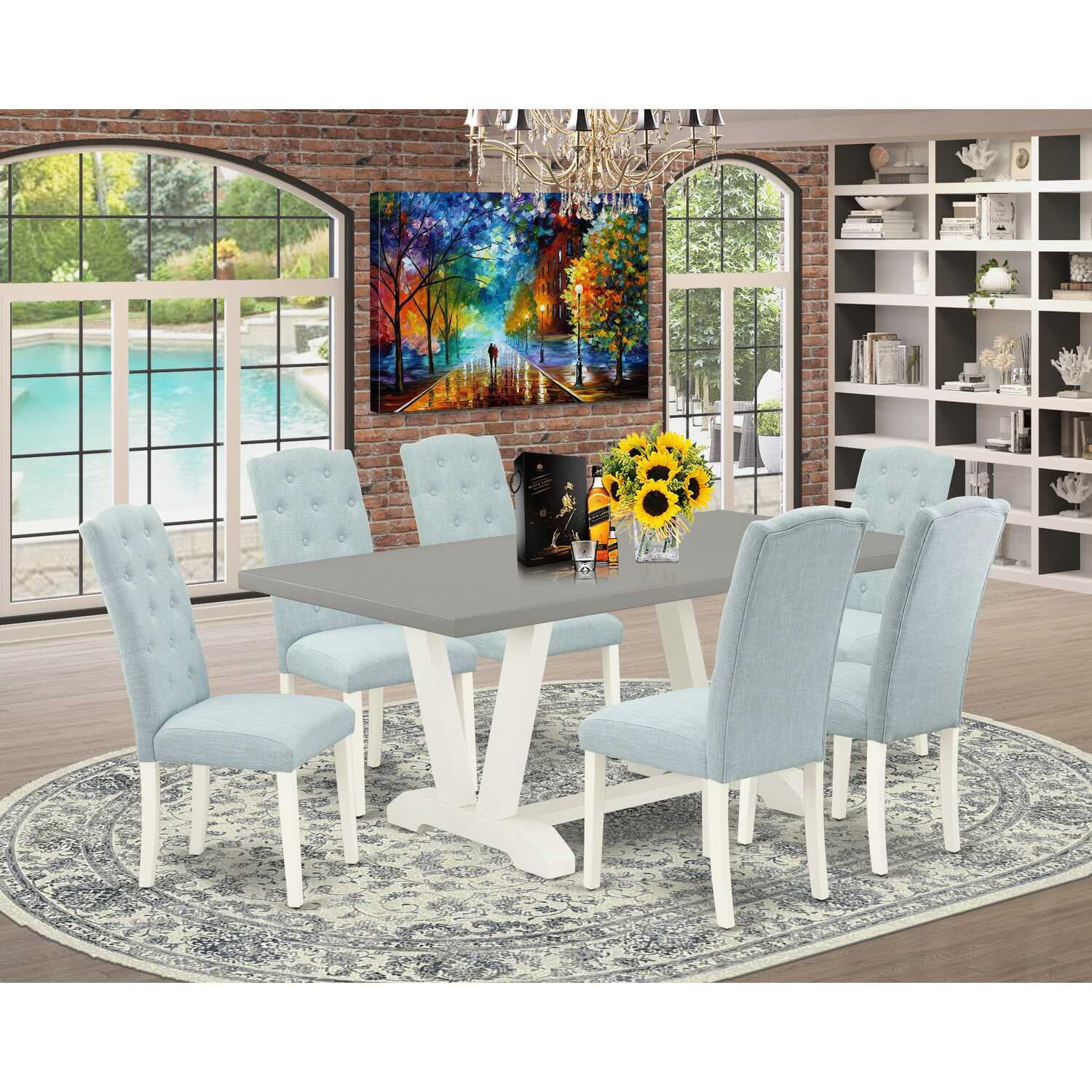 Set Of 2 Verona Parson Dining Chairs – Baby Blue Linen Fabric With Nailhead Trim