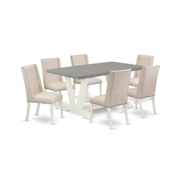 East West Furniture V-Style 7-piece Wood Dining Room Set in White/Cream/Cement