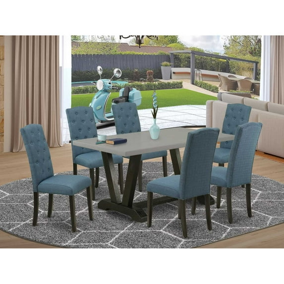 East West Furniture V696CE121-7 7-Pc Kitchen Table Set - 6 Dining Chairs and 1 Modern Rectangular Cement Kitchen Table with Button Tufted Chair Back - Wire Brushed Black Finish