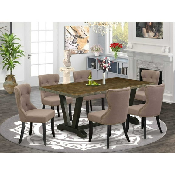 East West Furniture V677SI648-7 7-Pc Kitchen Dining Set- 6 Dining Padded Chairs with Coffee Linen Fabric Seat and Button Tufted Chair Back - Rectangular Table Top & Wooden Legs - Distressed...