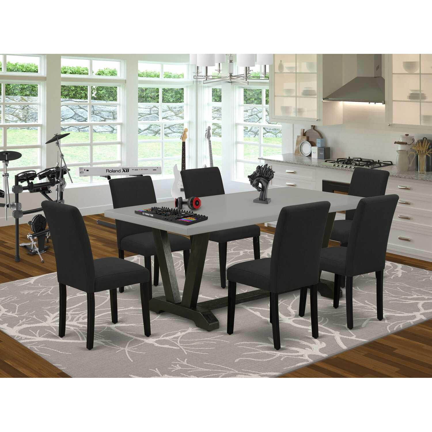 Distressed Jacobean 72" Rectangular Wood Dining Set with 6 Black Chairs