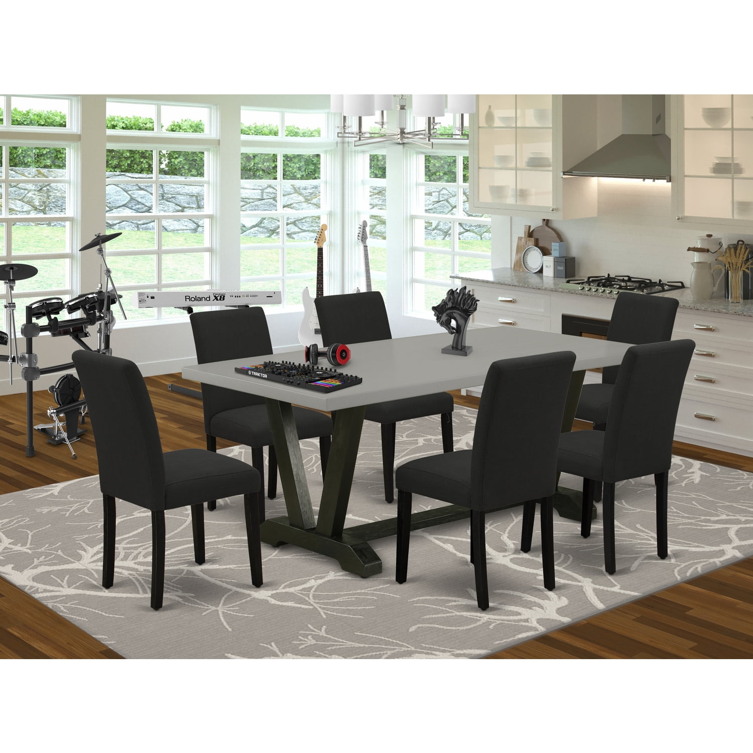 Distressed Jacobean 72" Rectangular Wood Dining Set with 6 Black Chairs