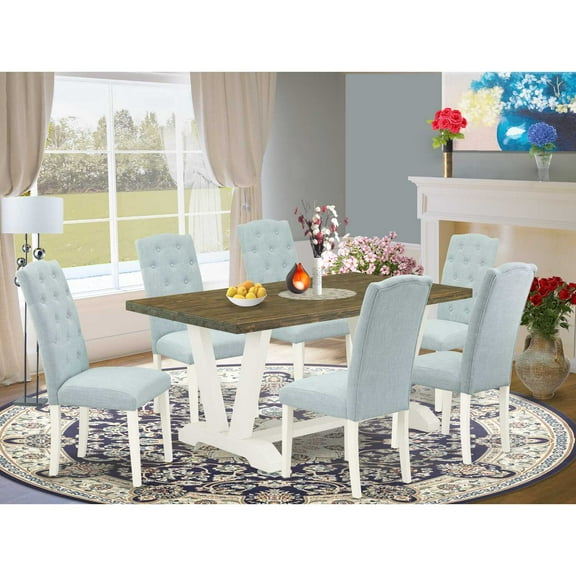 East West Furniture V-Style 7-piece Wood Dining Set in Linen White/Jacobean