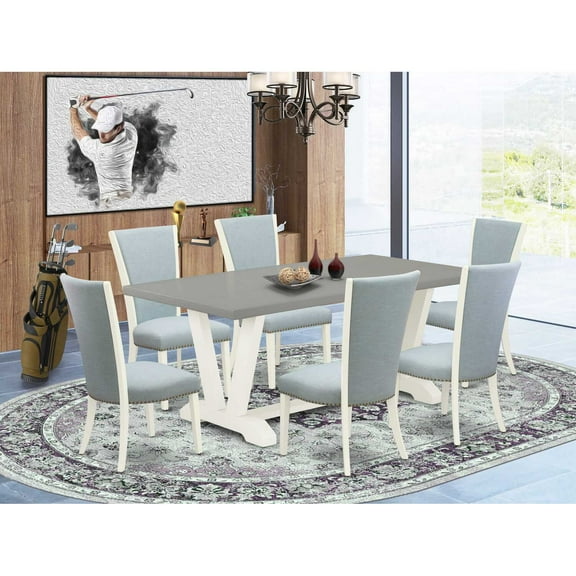 East West Furniture V097VE215-7 7 Piece Modern Dining Table Set - 6 Baby Blue Linen Fabric Parson Chairs with Nail Heads and Cement Wood Dining Table - Linen White Finish