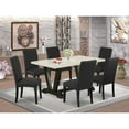 thumbnail image 1 of East West Furniture V626DR124-7 7-Pc Dining Table Set- 6 Parson Dining Chairs with Black Linen Fabric Seat and Stylish Chair Back - Rectangular Table Top & Wooden Legs - Linen White and Black Finish, 1 of 10