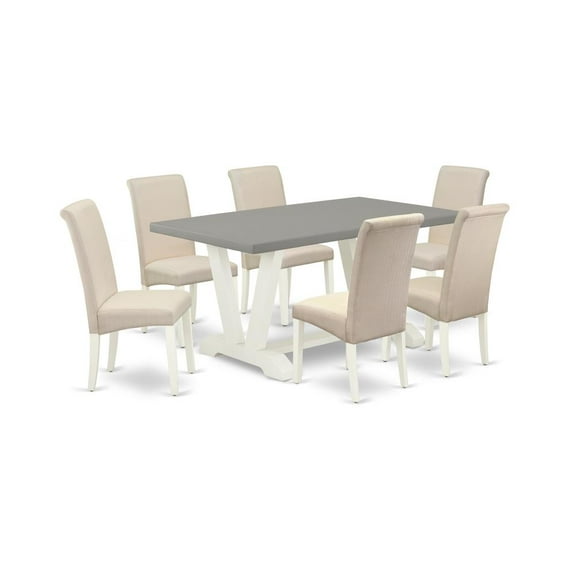 East West Furniture V-Style 7-piece Wood Dining Set in White/Cream/Cement