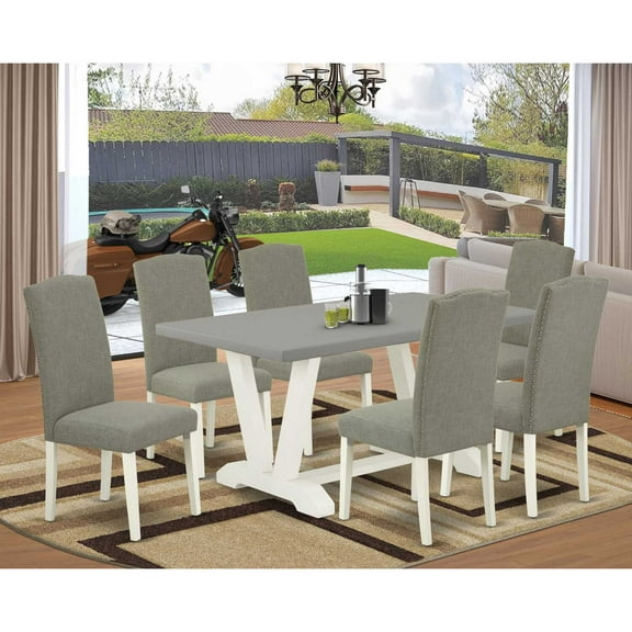 East West Furniture 7-Piece Fashionable Dining Room Table Set a Good Cement Color Kitchen Rectangular Table Top and 6 Excellent Linen Fabric Parson Chairs with Nail Heads and Stylish Chair Back,...