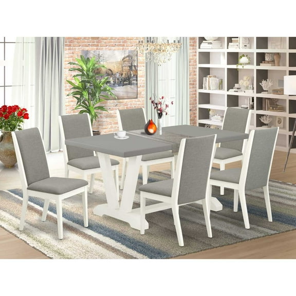 East West Furniture V096LA206-7 7-Piece Beautiful Dining Set a Superb Cement Color Wood Table Top and 6 Gorgeous Linen Fabric Dining Chairs with Stylish Chair Back, Linen White Finish