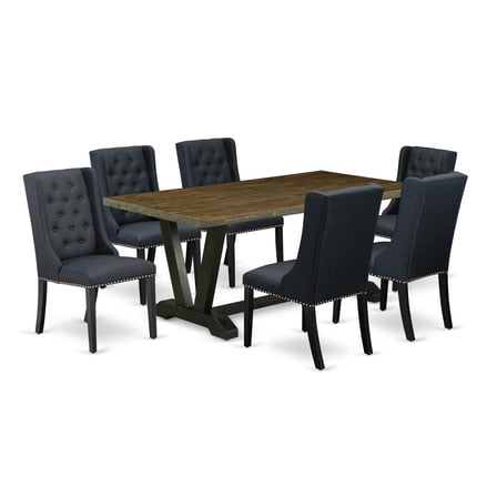 East West Furniture V-Style 7-piece Wood Dining Set in Wire Brush Black