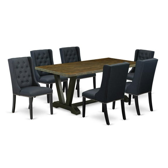 East West Furniture V-Style 7-piece Wood Dining Set in Wire Brush Black