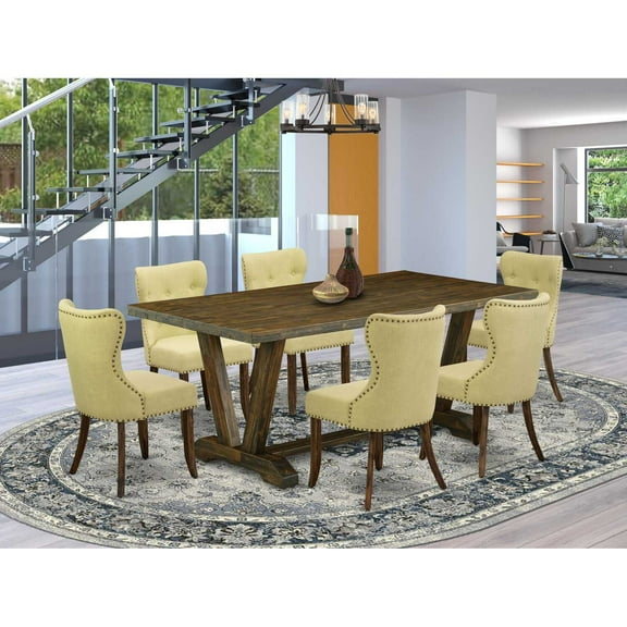 East West Furniture V777SI737-7 7-Pc Kitchen Dining Room Set- 6 Dining Room Chairs with Limelight Linen Fabric Seat and Button Tufted Chair Back - Rectangular Table Top & Wooden Legs - Distressed...