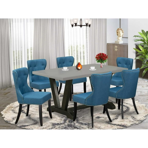 East West Furniture V696SI121-7 7-Piece Dining Table Set- 6 Upholstered Dining Chairs with Blue Linen Fabric Seat and Button Tufted Chair Back - Rectangular Table Top & Wooden Legs - Cement and Black