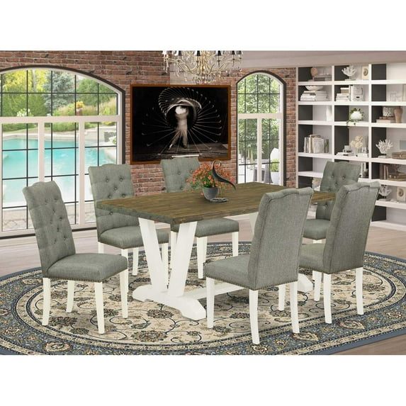 East West Furniture V076EL207-7 7-Pc Dining Table Set- 6 Dining Padded Chairs with Smoke Linen Fabric Seat and Button Tufted Chair Back - Rectangular Table Top & Wooden Legs - Distressed Jacobean and