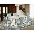 thumbnail image 1 of East West Furniture V027VE215-7 7-Piece Mid Century Dining Set - 6 Baby Blue Linen Fabric Parson Dining Chairs with Nail Heads and Linen White Wooden Table - Linen White Finish, 1 of 10