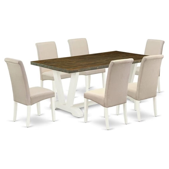 East West Furniture V-Style 7-piece Wood Dining Table Set in White/Cream