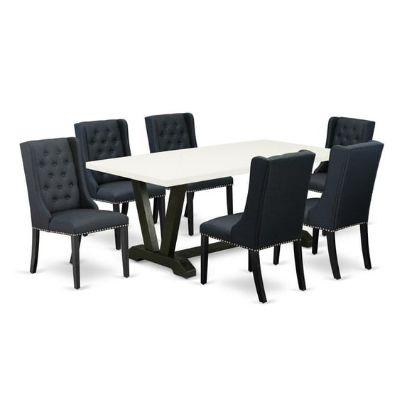 East West Furniture V627FO624-7 7 Piece Kitchen Table Set - 6 Black Linen Fabric Dining Room Chairs Button Tufted with Nail heads and Linen White Dining Table - Wire Brush Black Finish