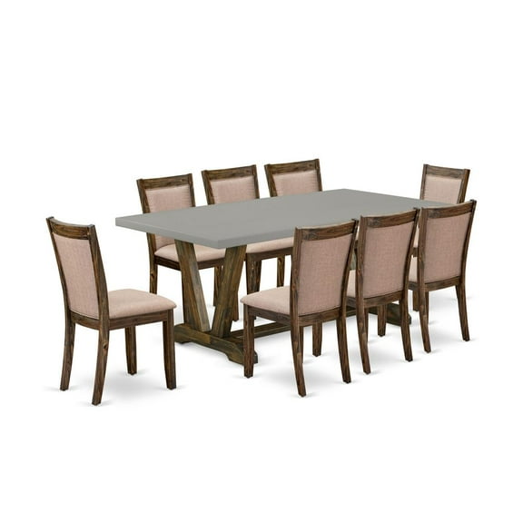 East West Furniture 9 Piece Contemporary Dinning Set - A Cement Top Dining Table with Trestle Base and 8 Dark Khaki Linen Fabric Upholstered Dining Chairs - Distressed Jacobean Finish