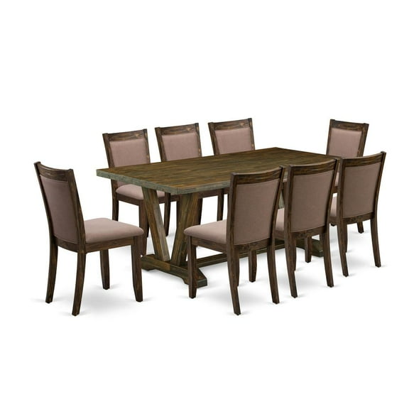 East West Furniture 9 Piece Kitchen Dining Table Set - A Distressed Jacobean Top Dining Table with Trestle Base and 8 Coffee Linen Fabric Dining Room Chairs - Distressed Jacobean Finish