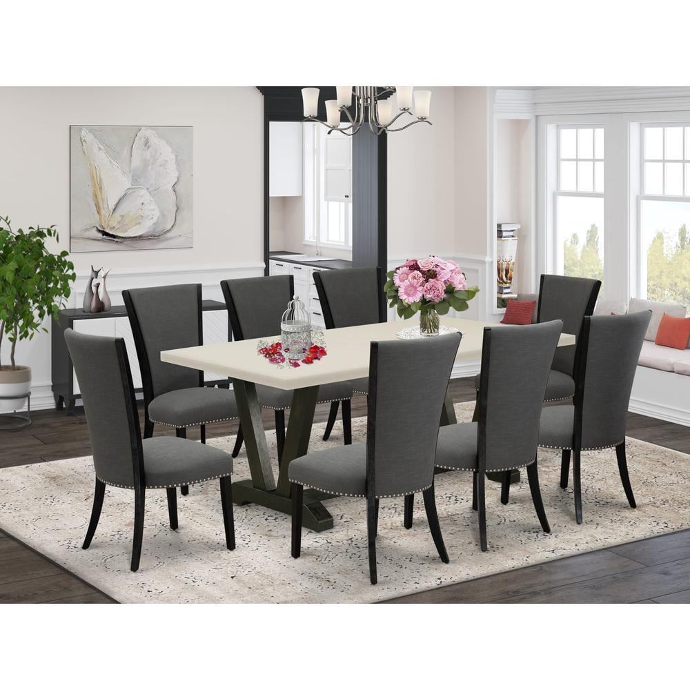9-Piece Dark Gray and White Wood Dining Set with High Back Chairs