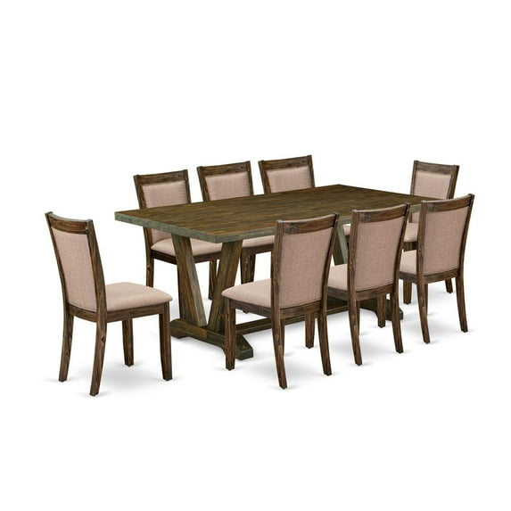 East West Furniture 9 Piece Dinette Set - A Distressed Jacobean Top Dining Table with Trestle Base and 8 Dark Khaki Linen Fabric Upholstered Dining Chairs - Distressed Jacobean Finish