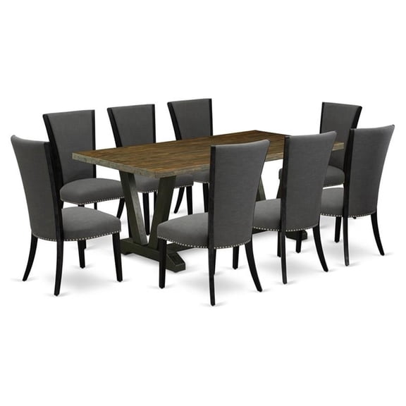 East West Furniture 9 Pc Kitchen Table Set Contains a Distressed Jacobean Dining Table and 8 Dark Gotham Grey Linen Fabric Dining Chairs with High Back - Wire Brushed Black Finish