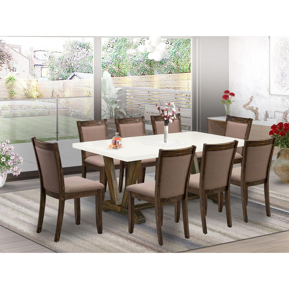Distressed Jacobean 9-Piece Dining Set with Coffee Linen Chairs