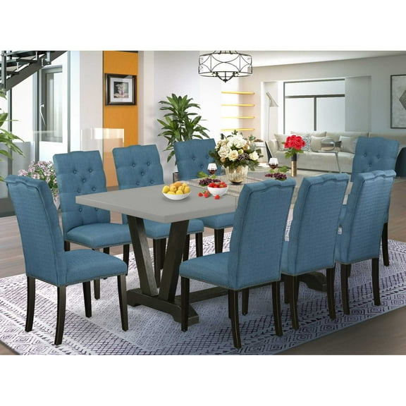 East West Furniture 9-Piece Amazing Dinette Set a Great Cement Color Dining Room Table Top and 8 Lovely Linen Fabric Dining Room Chairs with Nail Heads and Button Tufted Chair Back, Wire Brushed...
