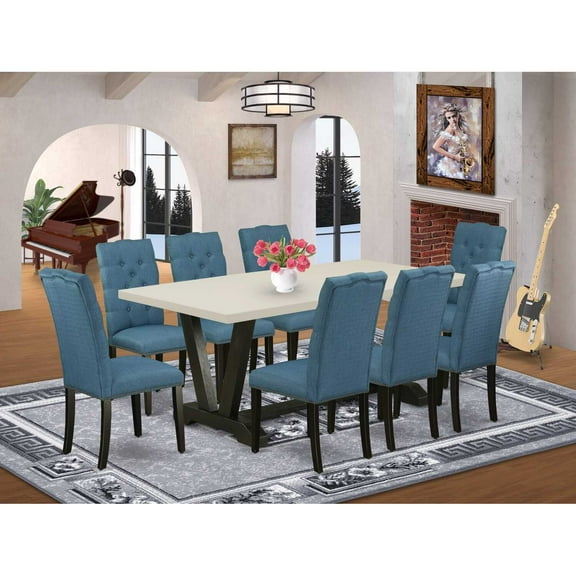 East West Furniture V627EL121-9 9-Piece Gorgeous Dining Room Table Set an Outstanding Linen White rectangular Table Top and 8 Awesome Linen Fabric Padded Chairs with Nail Heads and Button Tufted...