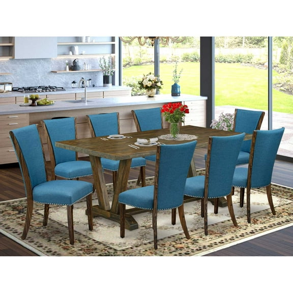 East West Furniture V777VE721-9 9Pc Dining Room Table Set Consists of a Dinette Table and 8 Parsons Chairs with Blue Color Linen Fabric, Distressed Jacobean Finish