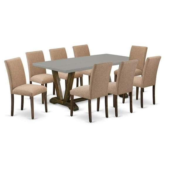 East West Furniture V-Style 9-piece Wood Dining Set in Jacobean Brown/Cement