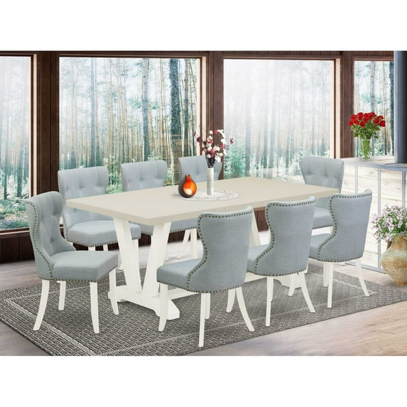 East West Furniture V027SI215-9 9-Piece Dining Room Table Set- 8 Dining Padded Chairs with Baby Blue Linen Fabric Seat and Button Tufted Chair Back - Rectangular Table Top & Wooden Legs - Linen White