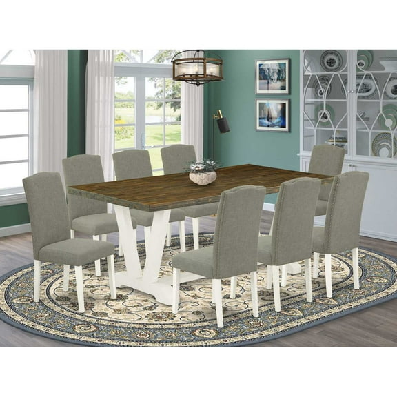 East West Furniture V077EN206-9 9-Piece Modern Dining Table Set an Excellent Distressed Jacobean dining table Top and 8 Stunning Linen Fabric Dining Chairs with Nails Head Stylish Chair Back,...