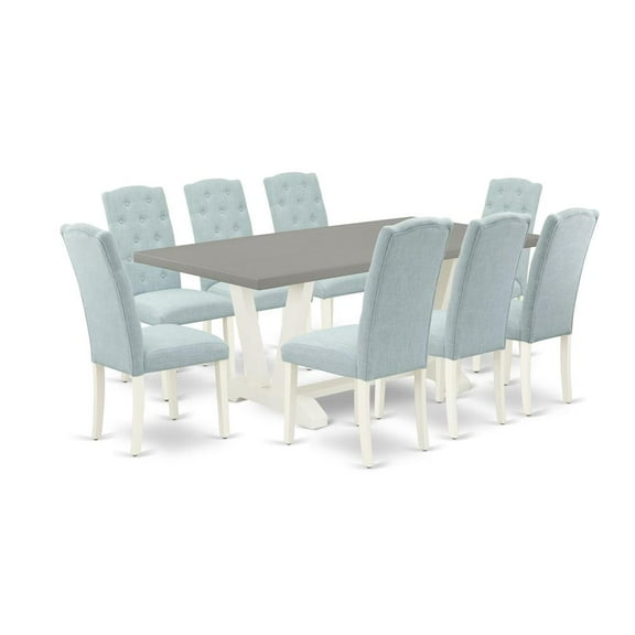East West Furniture 9-Piece Dining Room Table Set- 8 Kitchen Parson Chairs with Baby Blue Linen Fabric Seat and Button Tufted Chair Back - Rectangular Table Top & Wooden Legs - Cement and Linen White