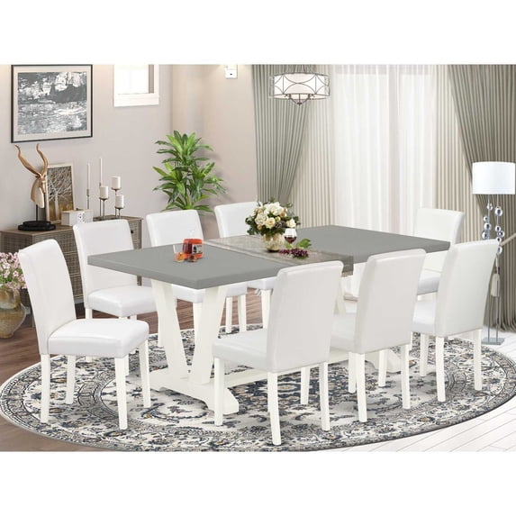 East West Furniture V097AB264-9 9-Piece Beautiful a Superb Cement Color Wood Dining Table Top and 8 Modern Pu Leather Dining Chairs with Stylish Chair Back, Linen White Finish