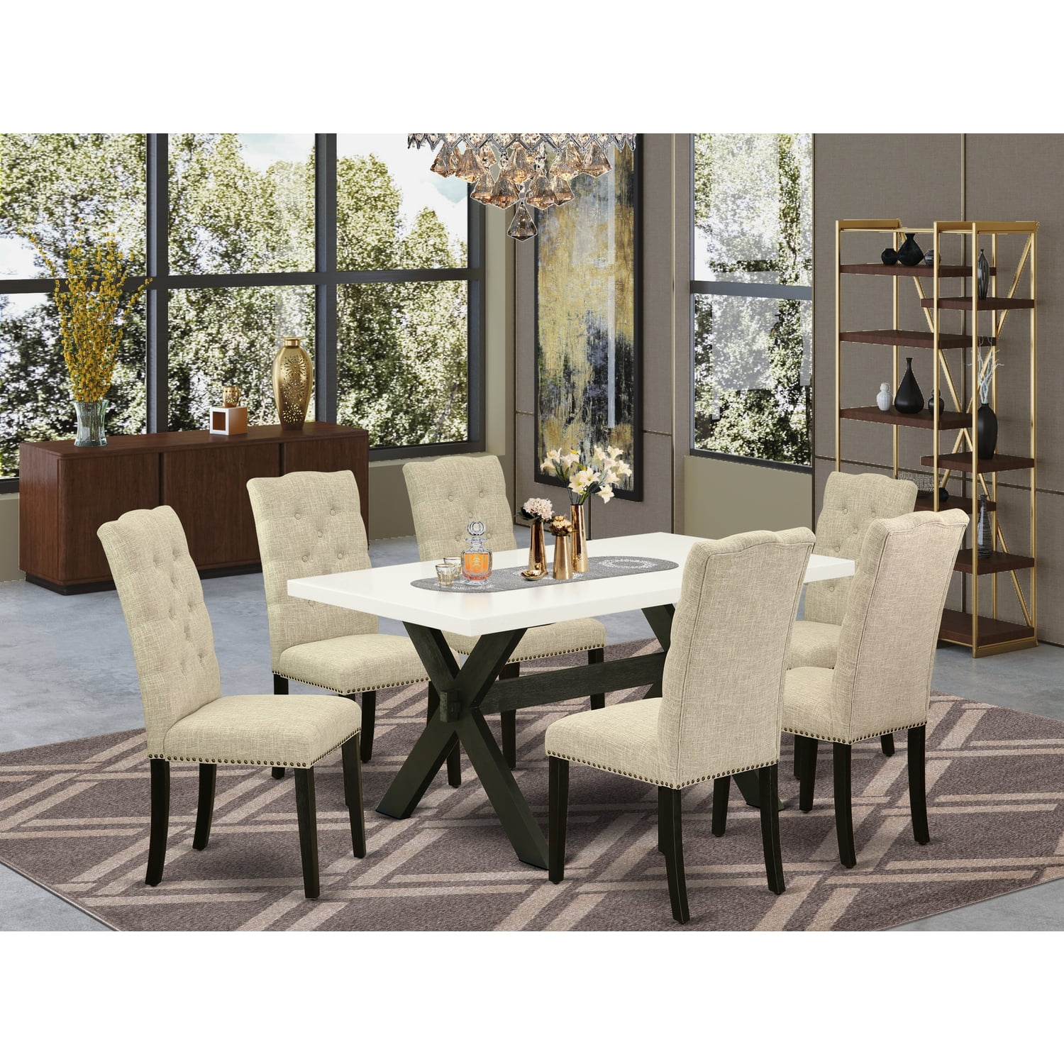 East West Furniture V676FL624-7 - 7-Piece Dining Room Table Set - 6 Parson Dining Chairs and ...
