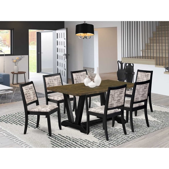 East West Furniture V-Style 7-Piece Kitchen Dining Set in Distressed Jacobean