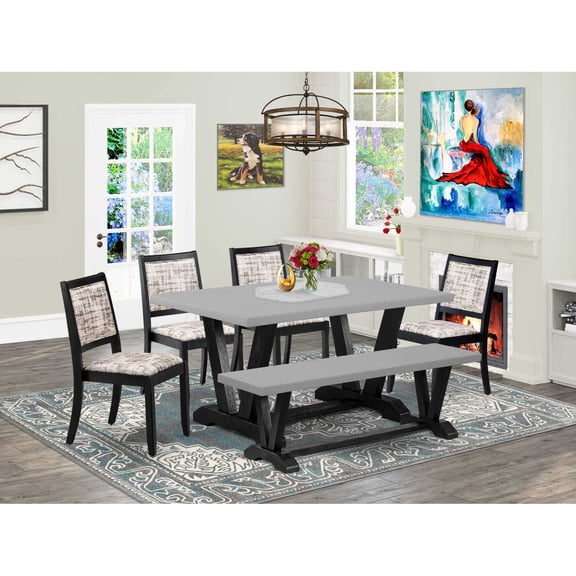 East West Furniture V-Style 6-Piece Dining Table Set in Cement Finish