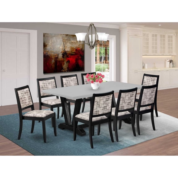 East West Furniture V697X2630-9 Kitchen Set, Cement - A Dining Table & 8 Stackable Chairs with White & Gray Pattern Faux Leather Fabric - 9 Piece