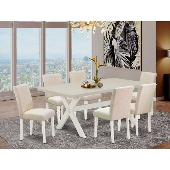 7 Piece Kitchen Table Set - 40x72 Inch Table & 6 Dining Chairs - East West Furniture-Color:Light Beige,Material:Linen fabric