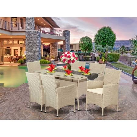 VLVL7-53V 7 pc Patio Wicker Dining Set for 6 in Cream Finish