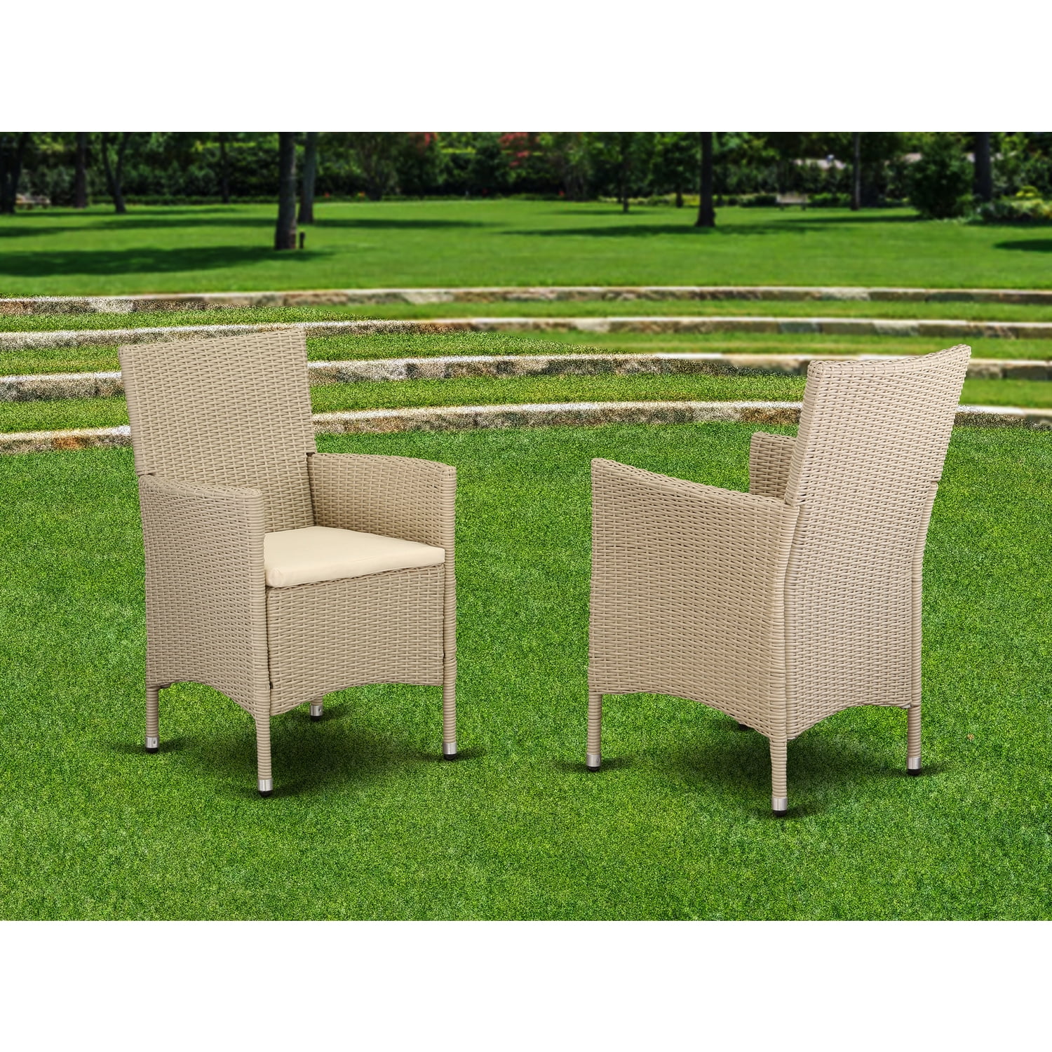 Cream Wicker Patio Dining Chairs with Cushions, Set of 2