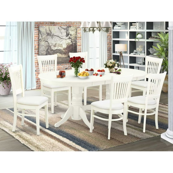 East West Furniture - VAVA7-LWH-C - 7-Pc Dining Table Set- 6 Kitchen Chair with Linen Fabric Seat and Slatted Chair Back - Butterfly Leaf Modern Kitchen Table - Linen White Finish