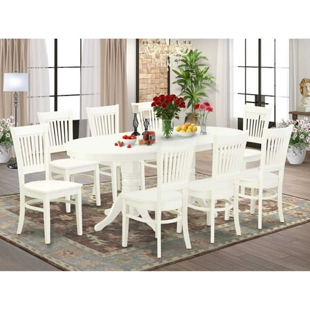 East West Furniture - VAVA9-LWH-W - 9-Pc Kitchen Table Set- 8 Mid Century Chair with Wooden Seat and Slatted Chair Back - Butterfly Leaf Dining Table - Linen White Finish