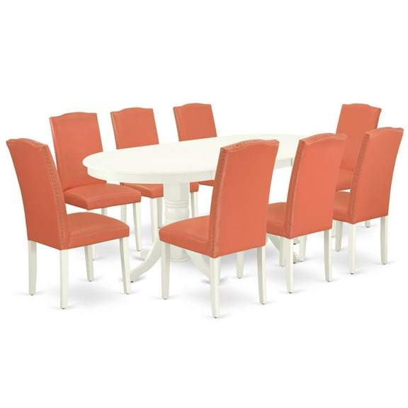 East West Furniture Vancouver 9-piece Wood Dining Set in White/Pink Flamingo