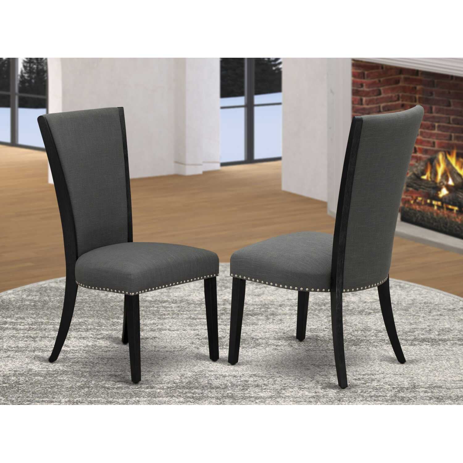High-Back Parsons Side Chair in Dark Gotham Grey Linen and Wood