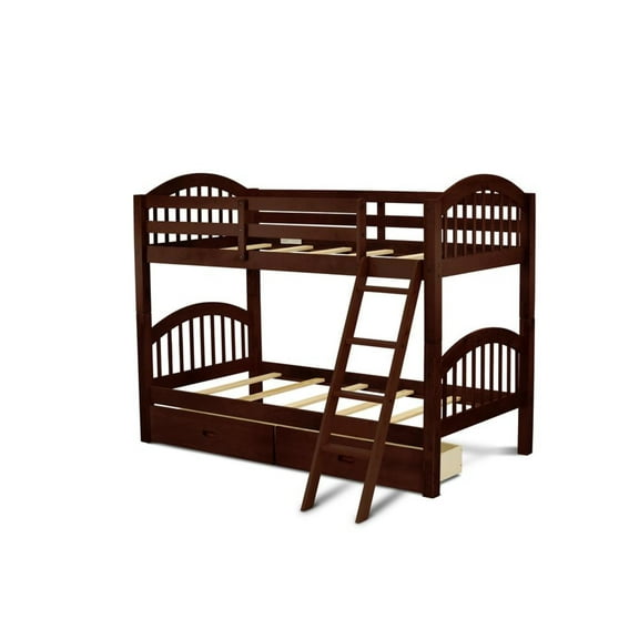 East West Furniture Verona 60" Wood Twin Bunk Bed with Under Drawer in Brown