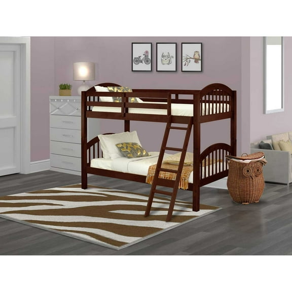 East West Furniture Verona 63" Wood Twin Bunk Bed with Guard Rails in Java Brown