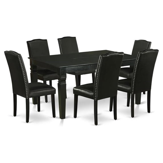 WEEN7-BLK-69 7Pc Rectangular 42/60" Dinette Table With 18 In Leaf And 6 Parson Chair With Black Leg And Pu Leather Color Black