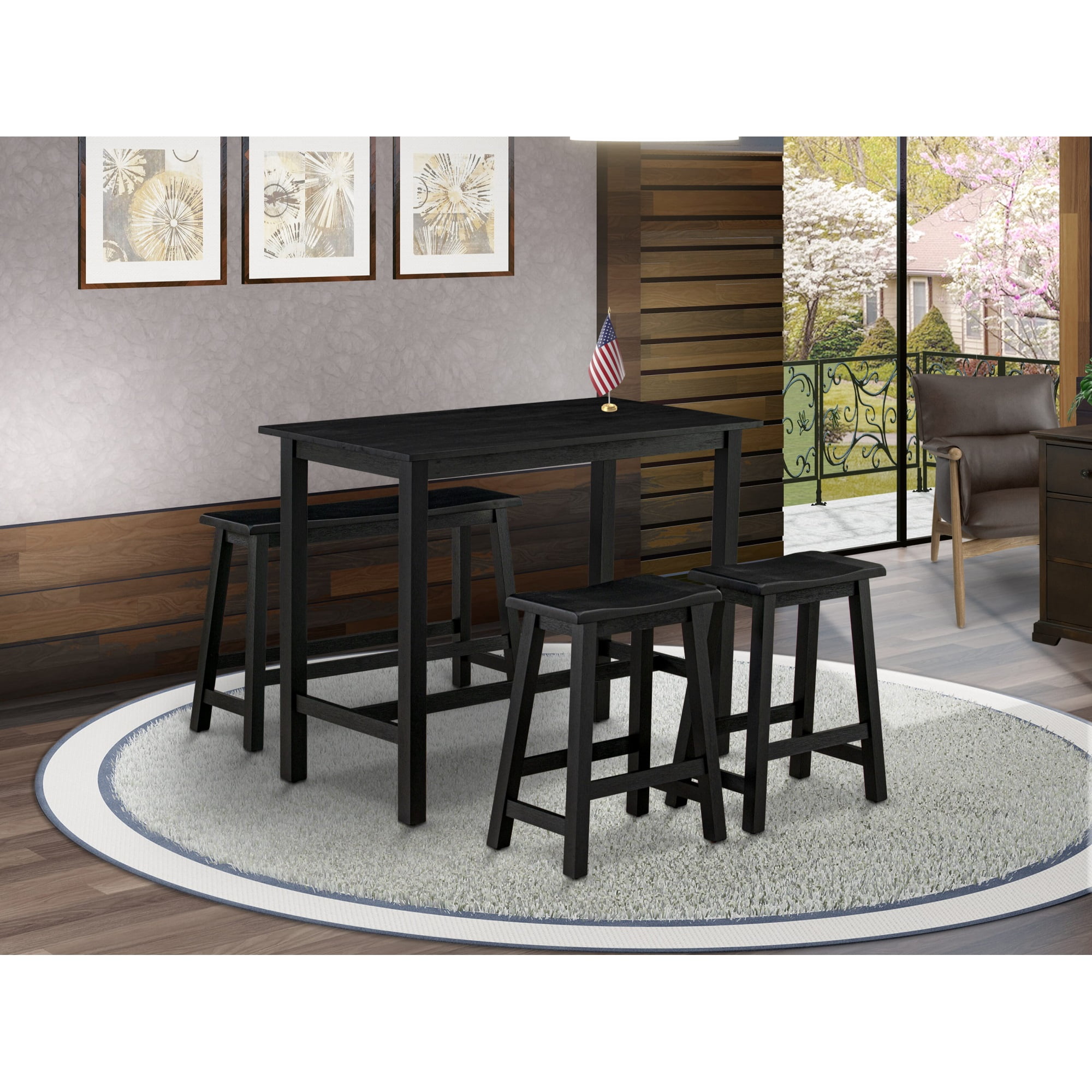 Wire Brushed Black Solid Wood Counter Height Dining Set with Bench and Stools