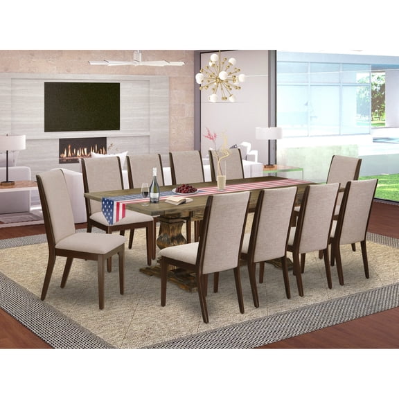 East West Furniture Wood Table and 10 Light Tan Chair in Distressed Jacobean
